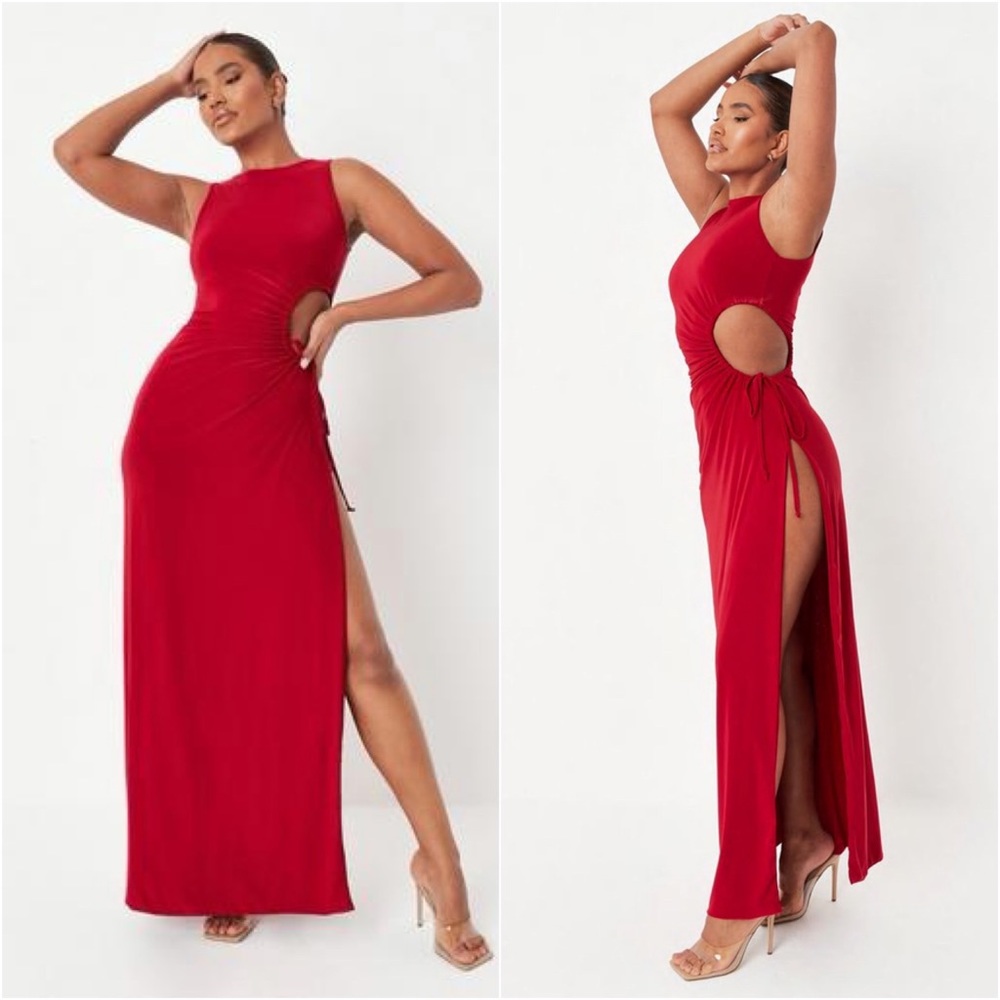 Red Racer Neck Cut Out Slinky Maxi Dress